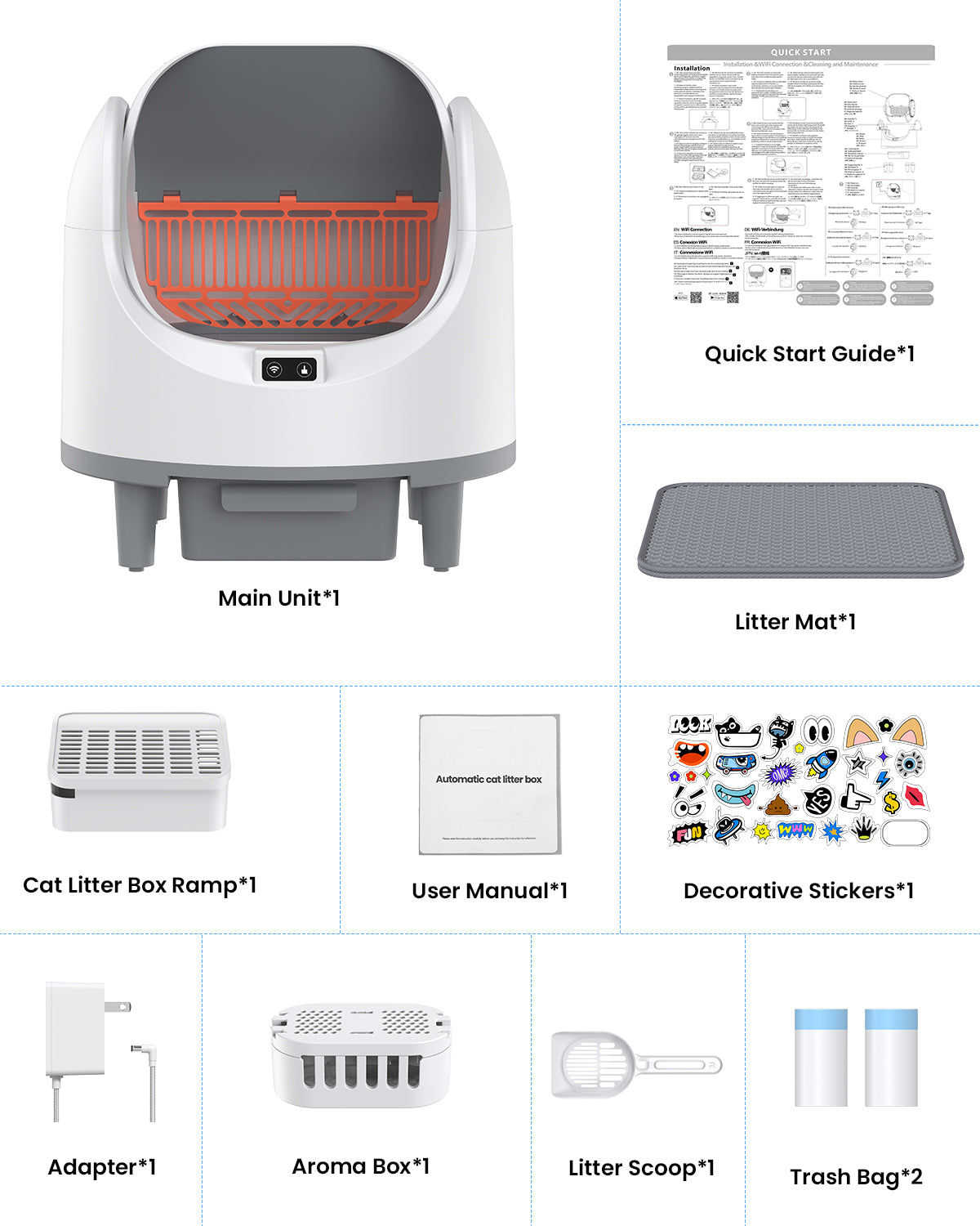 Automatic self-cleaning cat litter box package contents including main unit, litter mat, ramp, aroma box, scoop, adapter and trash bags