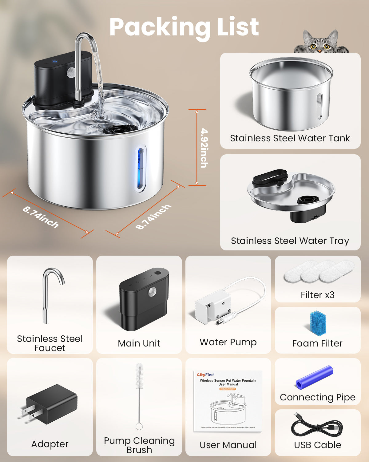 Stainless steel cat water fountain packing list showing included components, accessories, and overall product dimensions