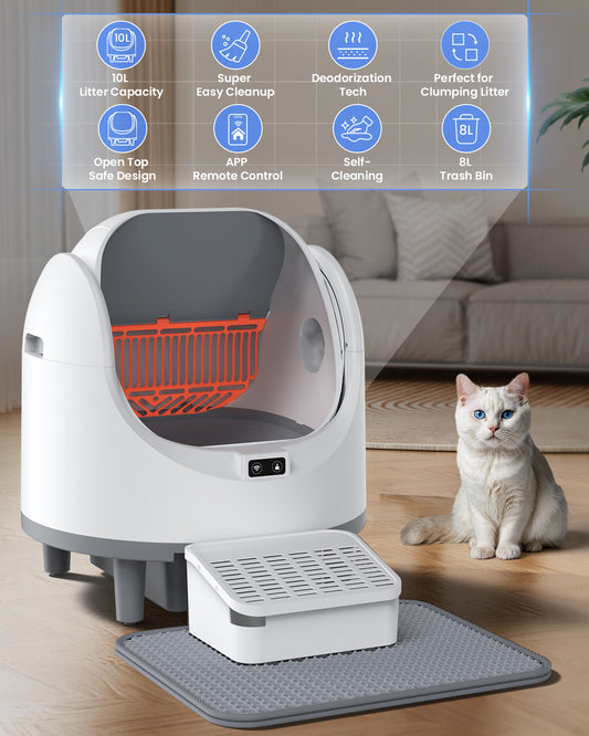 Automatic self-cleaning cat litter box with 10L litter capacity, open-top safety design, app remote control, deodorization system, and 8L waste bin