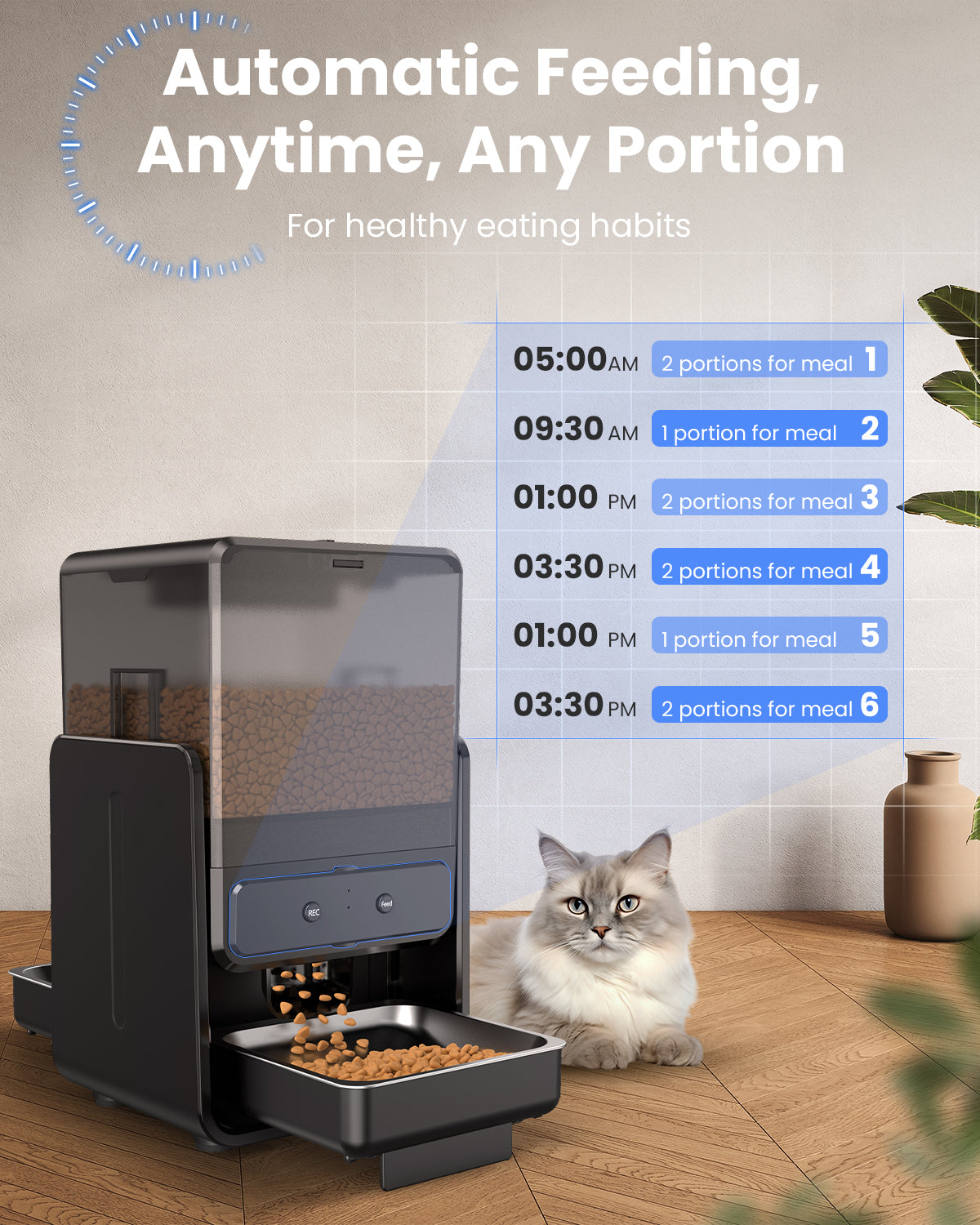 Automatic cat feeder showing scheduled feeding times with adjustable portion control for healthy eating habits