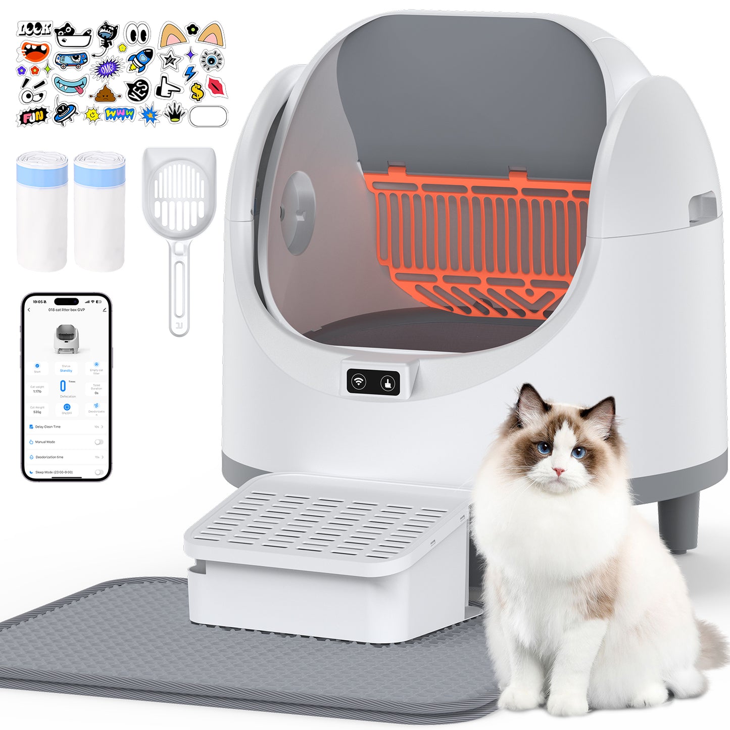 Smart self-cleaning litter box for cats with open-top design, app control, litter mat, waste bin, and accessories displayed on white background