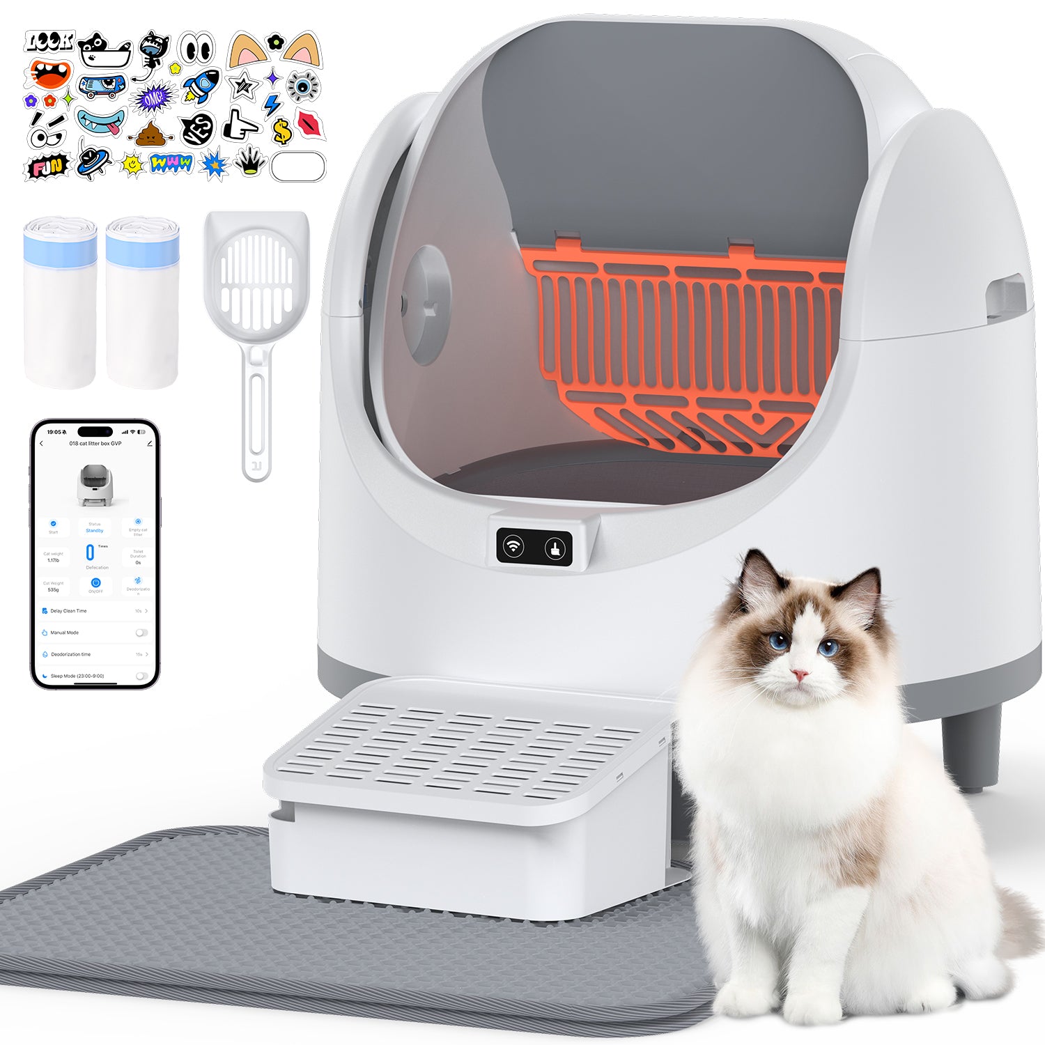 Smart self-cleaning litter box for cats with open-top design, app control, litter mat, waste bin, and accessories displayed on white background