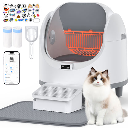 Smart self-cleaning litter box for cats with open-top design, app control, litter mat, waste bin, and accessories displayed on white background