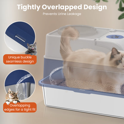 Enclosed cat litter box with tightly overlapped edges and seamless buckle design to help prevent urine leakage
