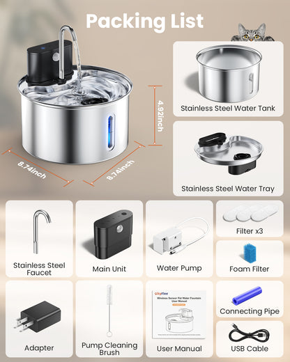 Cat Water Fountain Wireless Stainless Steel with Sensor 3.5L