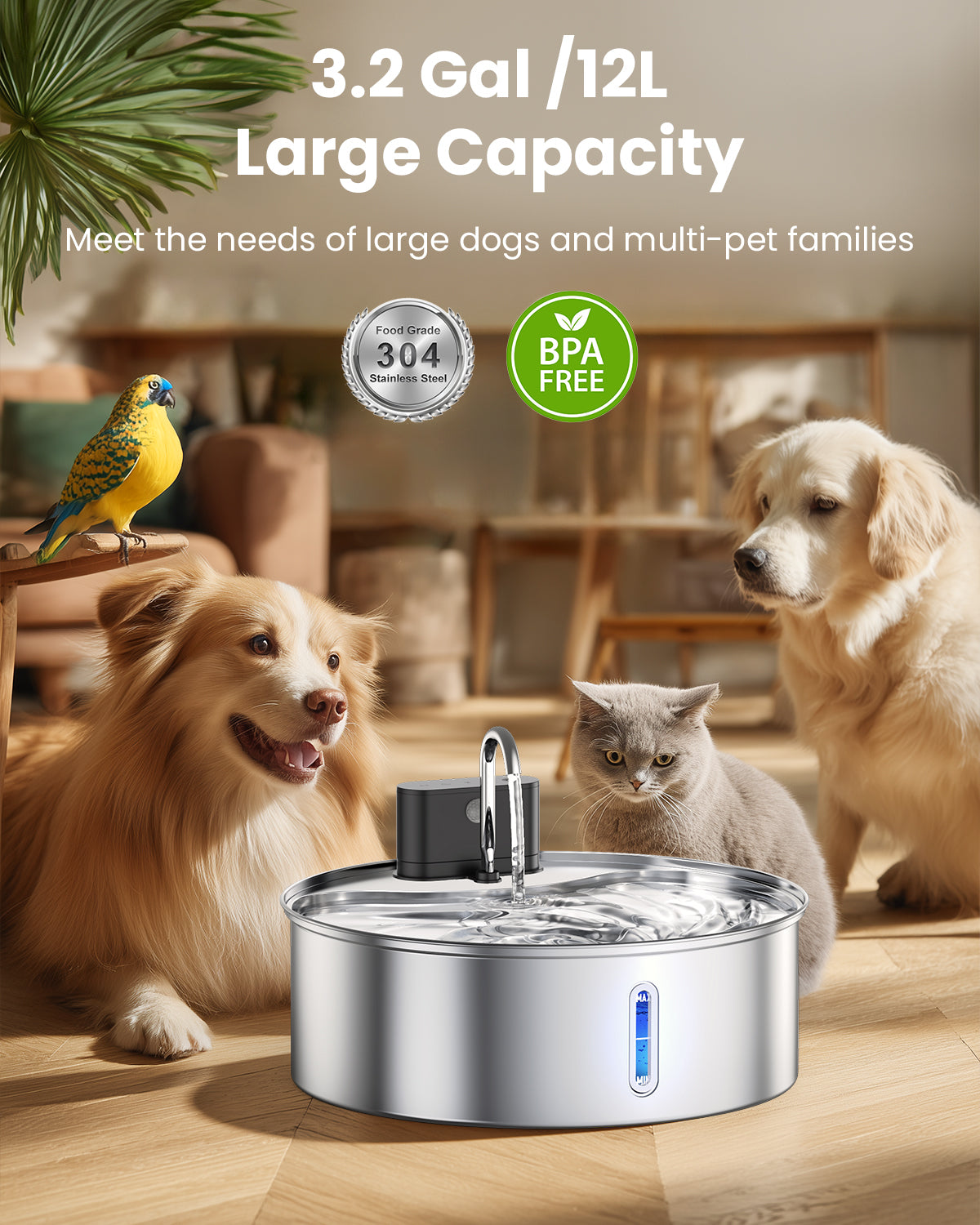 Wireless Dog Water Fountain Stainless Steel 12L