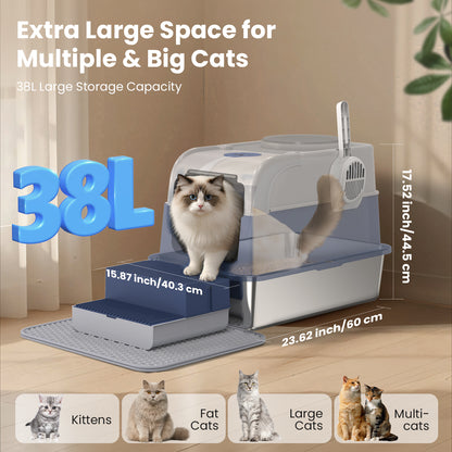 XXL enclosed cat litter box with 38L capacity, showing overall dimensions and large interior space for big cats and multi-cat households

