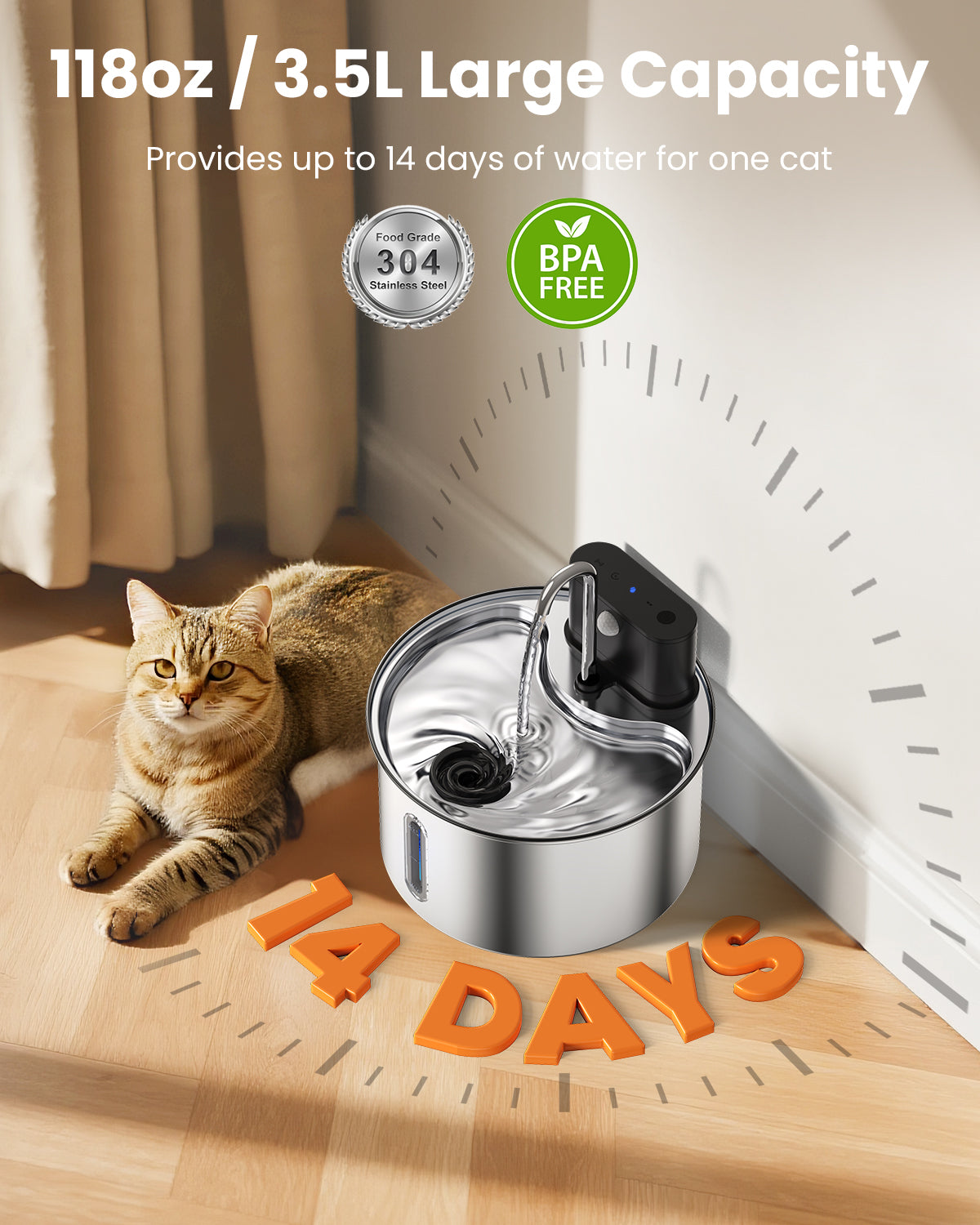 Cat Water Fountain Wireless Stainless Steel with Sensor 3.5L
