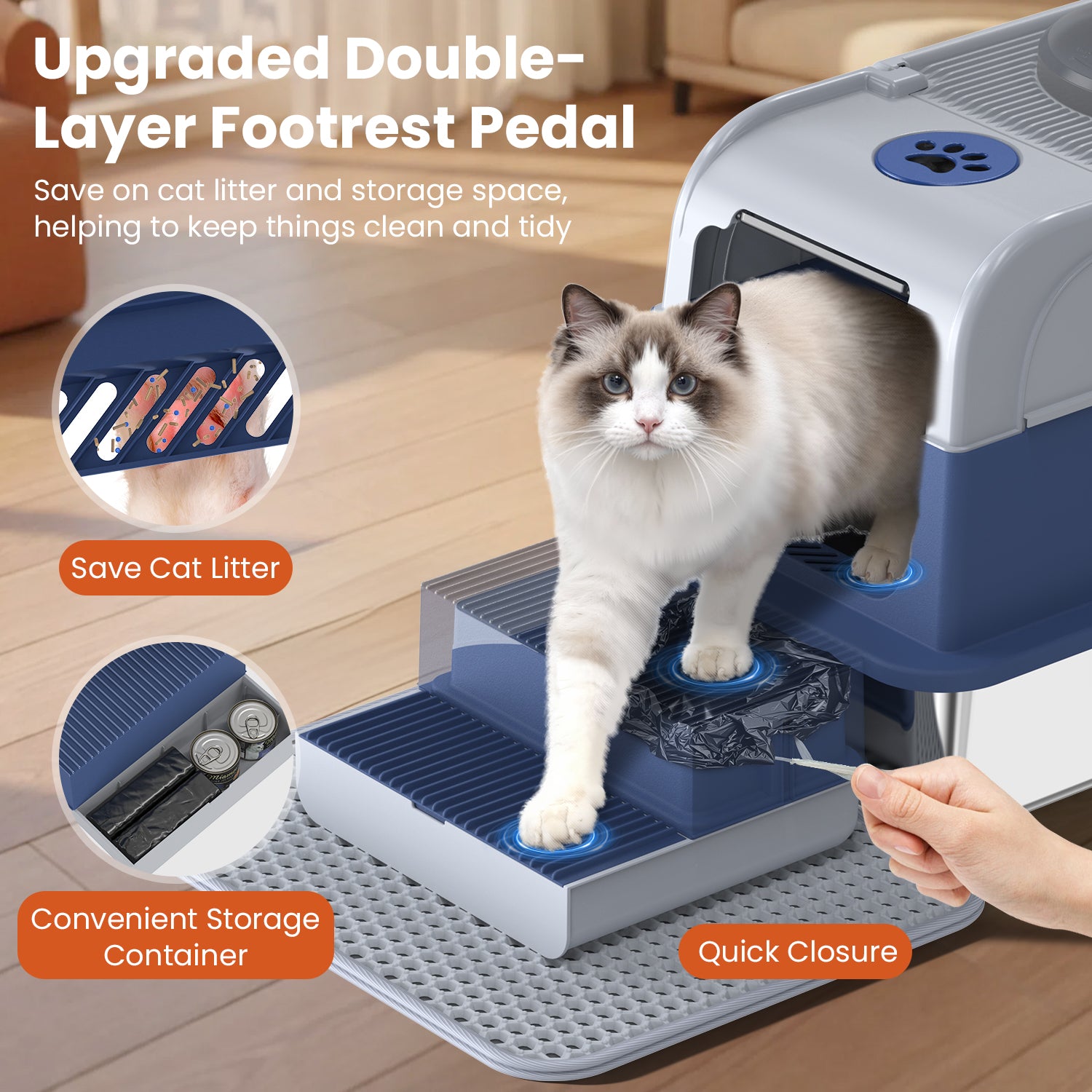 Enclosed cat litter box with upgraded double-layer footrest pedal, designed to reduce litter tracking and provide built-in storage