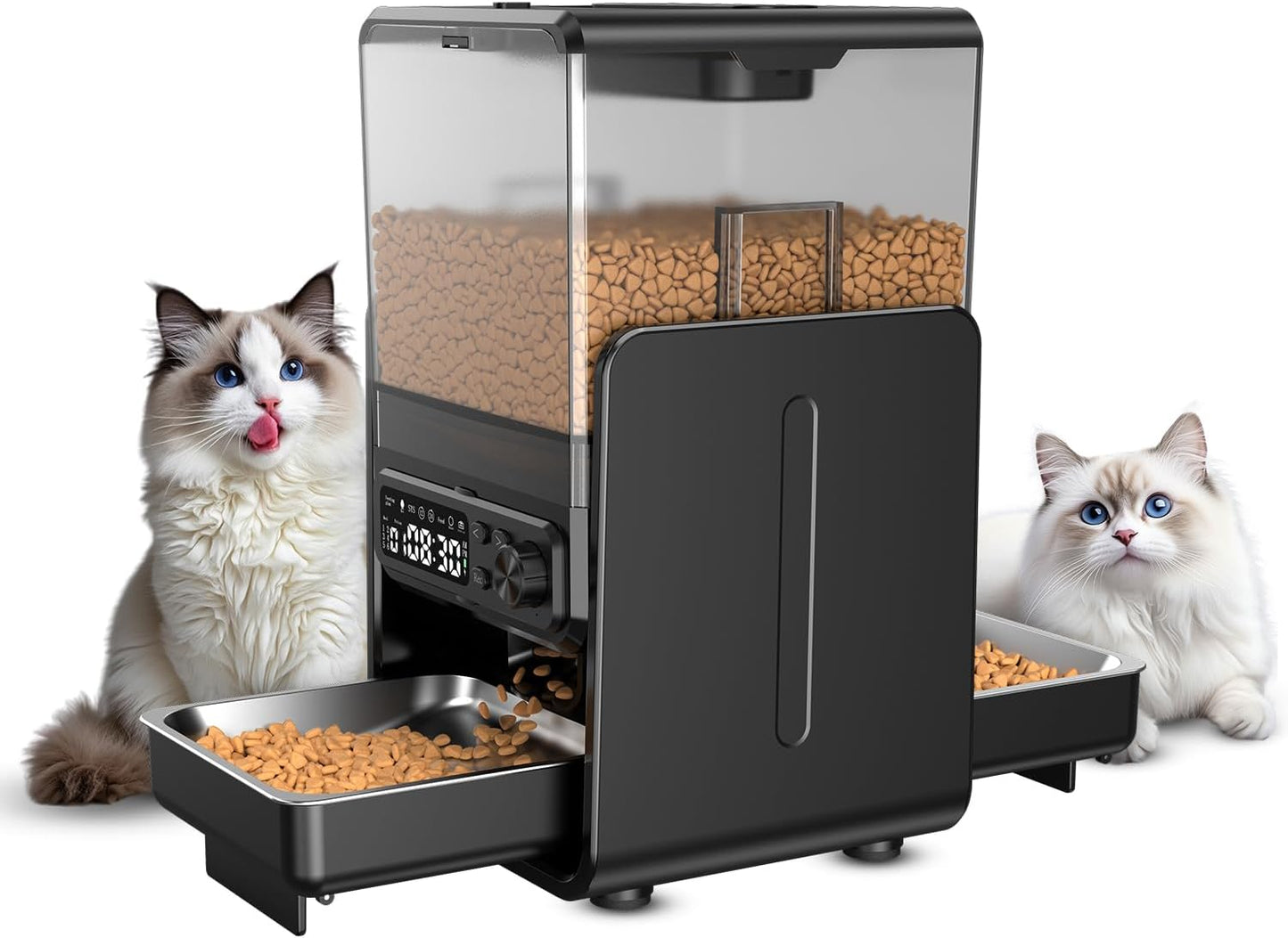 Automatic cat feeder with dual stainless steel bowls, feeding two cats at the same time