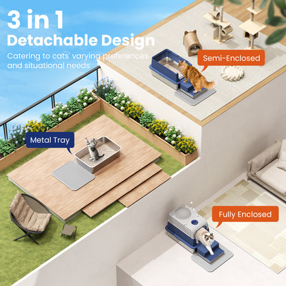 3 in 1 detachable cat litter box design showing fully enclosed, semi-enclosed, and open stainless steel litter tray configurations