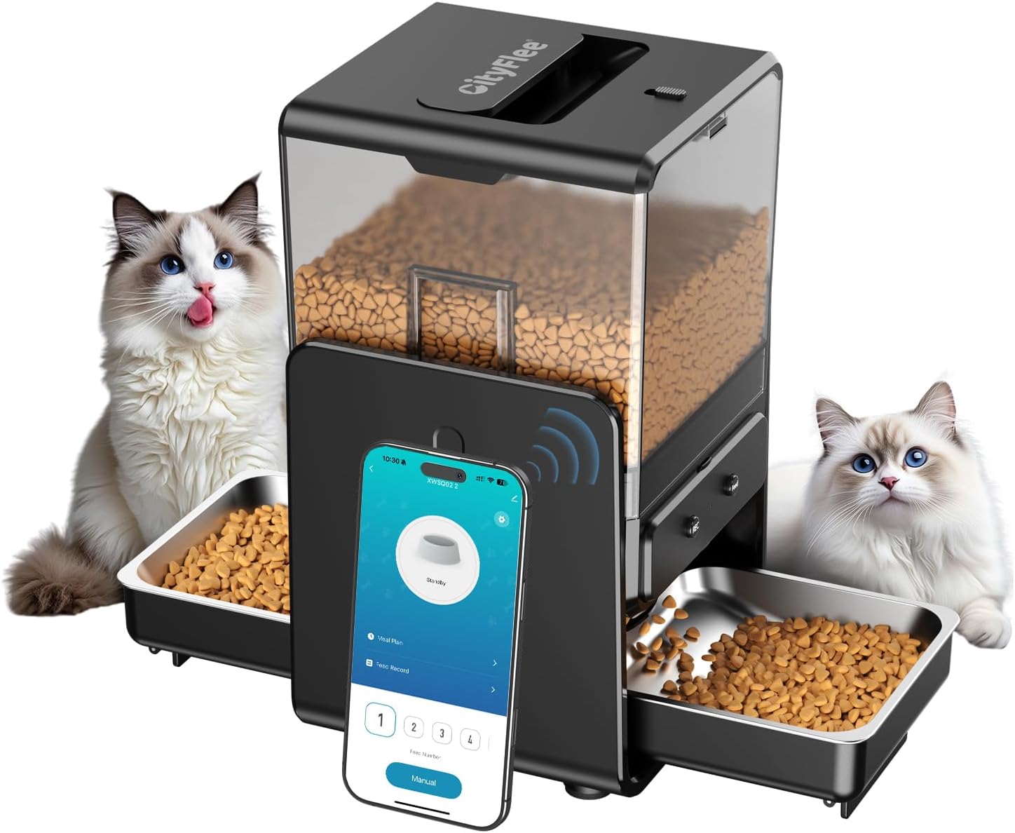 Automatic cat feeder with 5G WiFi and 5L food storage, featuring app control and dual stainless steel bowls for two cats