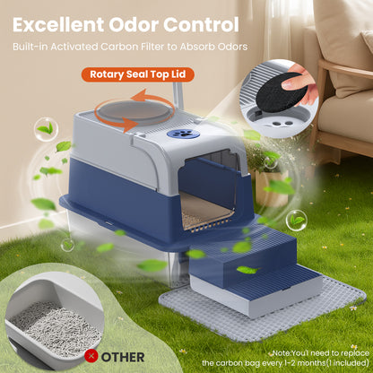 Enclosed cat litter box with activated carbon filter and rotary sealed top lid for improved odor control