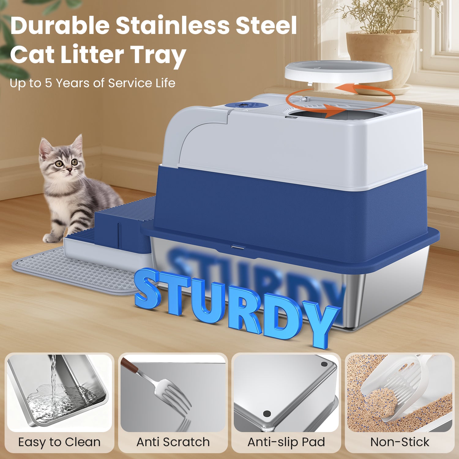 Stainless steel cat litter tray with non-stick surface, easy to clean design, and long-lasting durability