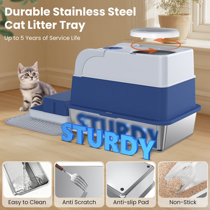 Stainless steel cat litter tray with non-stick surface, easy to clean design, and long-lasting durability